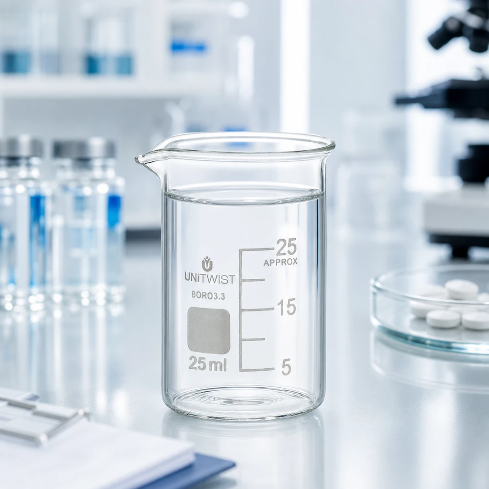 Bécher 25ml borosilicate, forme basse UNiTWIST Récipient de laboratoire UNiTWIST de 25 ml, de forme basse, rempli d'eau claire, posé sur un plan de travail de laboratoire professionnel