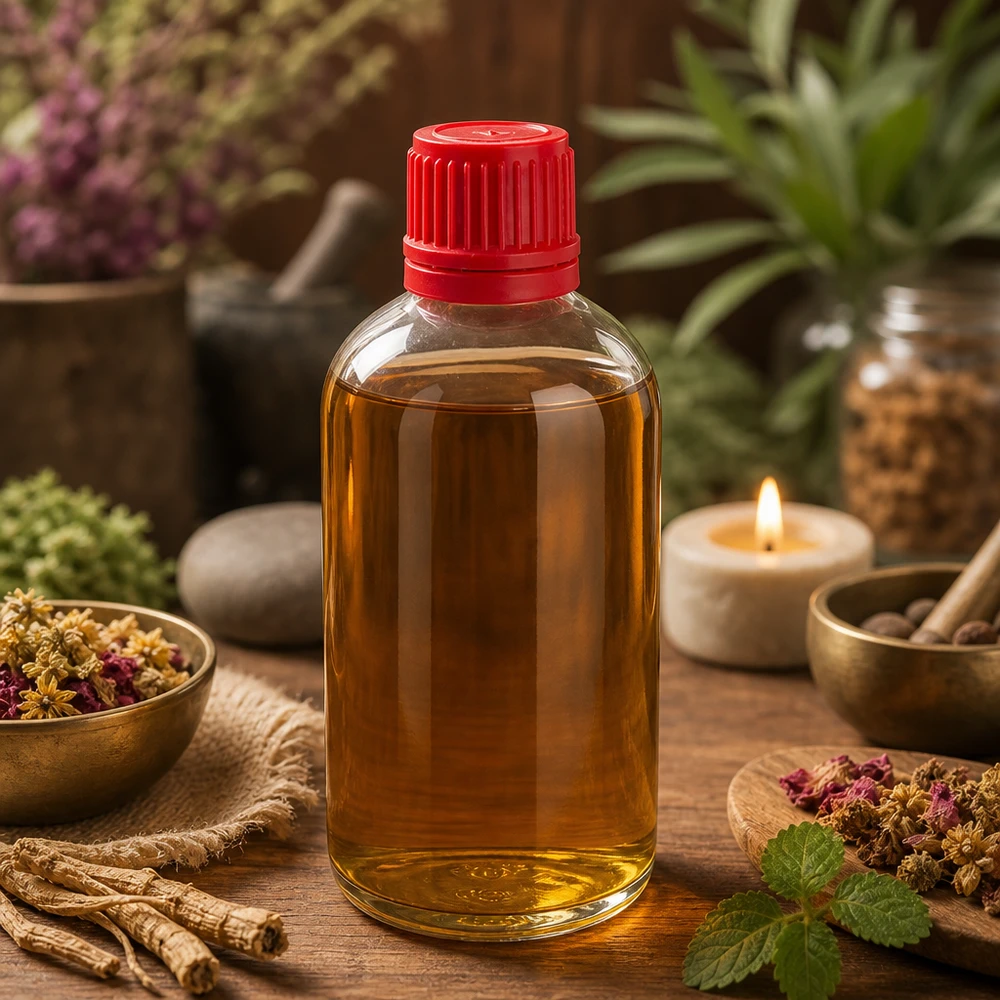 Petit flacon de pharmacie de 100 ml avec bouchon de sécurité rouge, destiné aux huiles essentielles et à la médecine naturelle