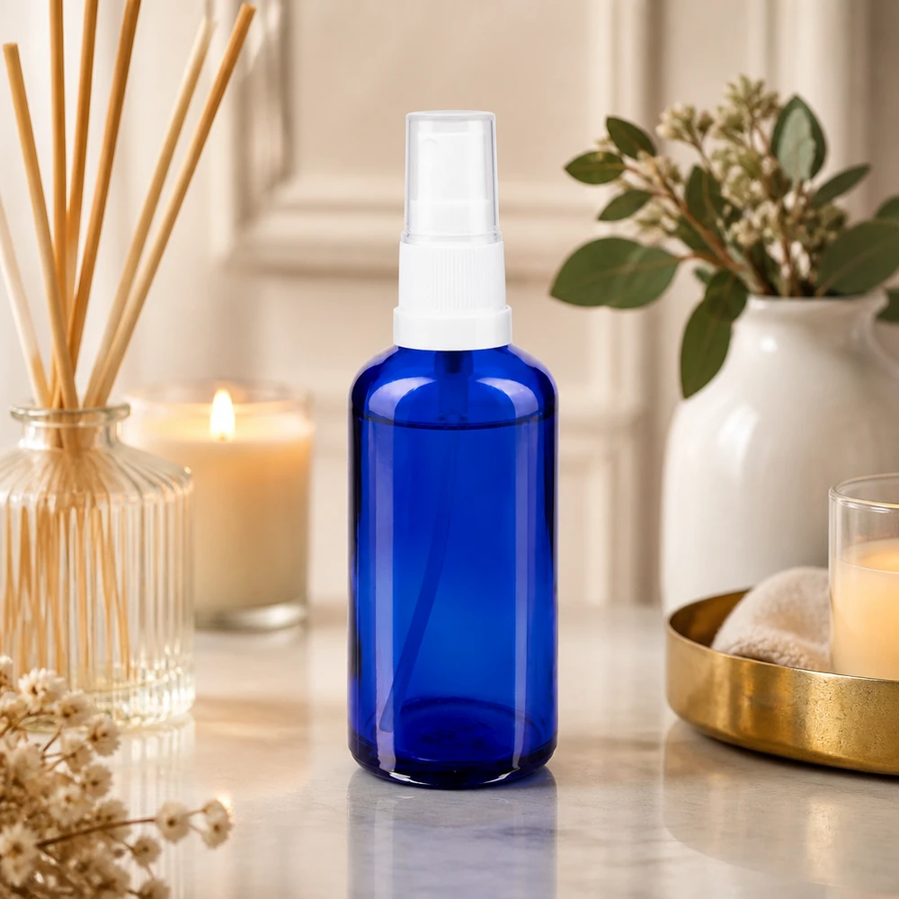 Flacon de pharmacie bleu 50ml embout spray blanc Flacon vaporisateur en verre d'apothicaire bleu de 50 ml avec pommeau transparent, dans une ambiance spa