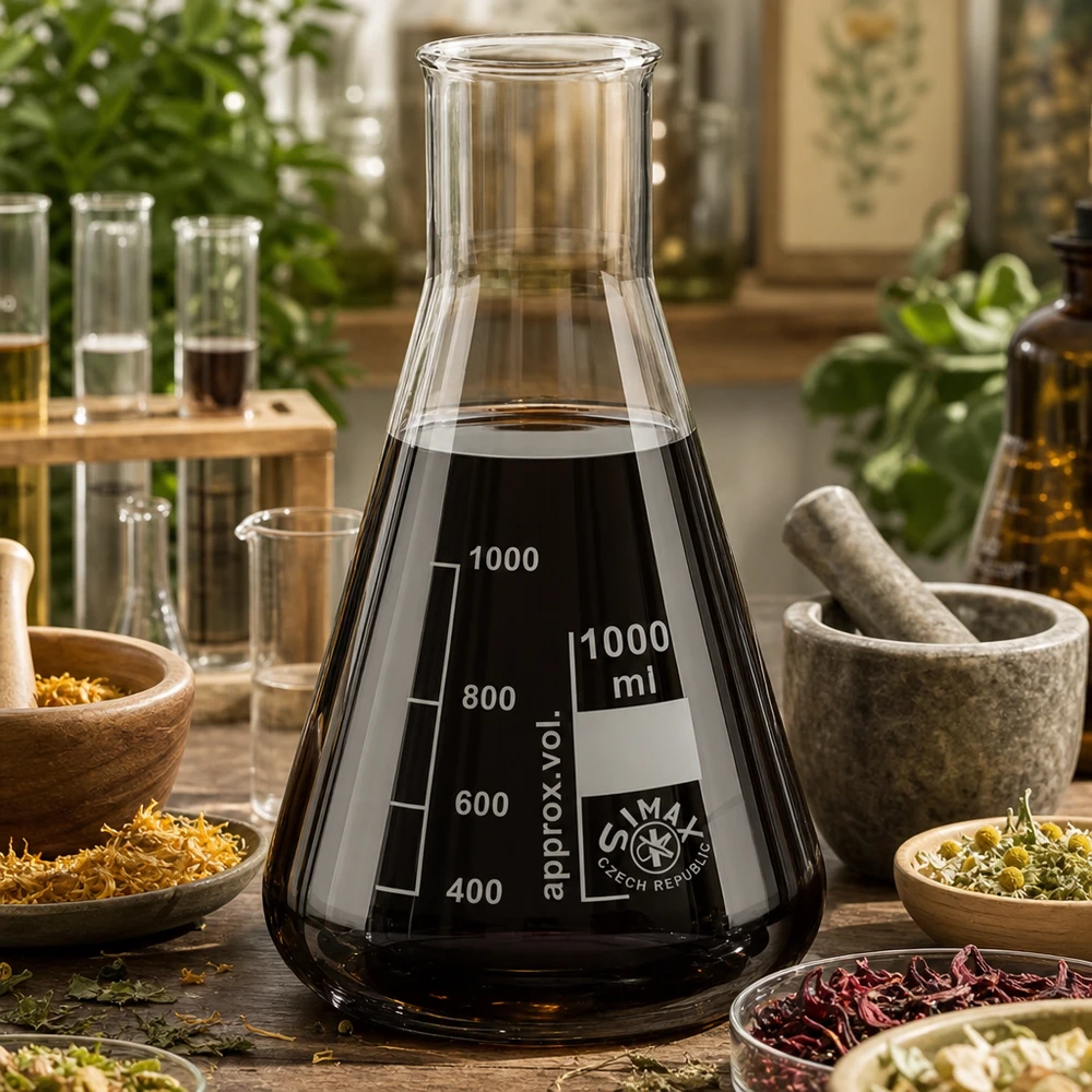 Erlenmeyer 100ml col large, verre borosilicate Erlenmeyer transparent 1000ml col large avec solution sombre entourée d'herbes médicinales séchées