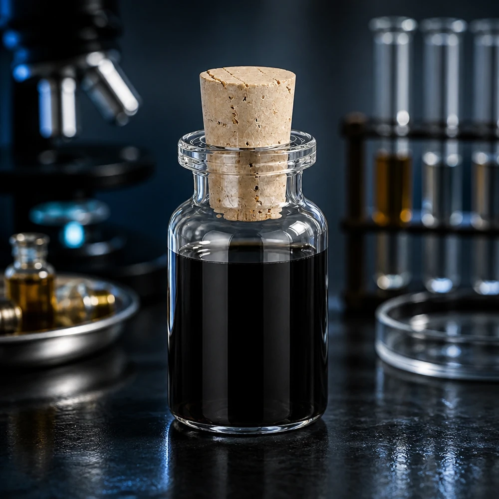 Flacon en verre clair 10 ml avec bouchon de liège 11/14 mm Versiegelte Klarglas-Flasche 10ml mit Korkstopfen 11/14mm neben Petrischale und Reagenzgläsern