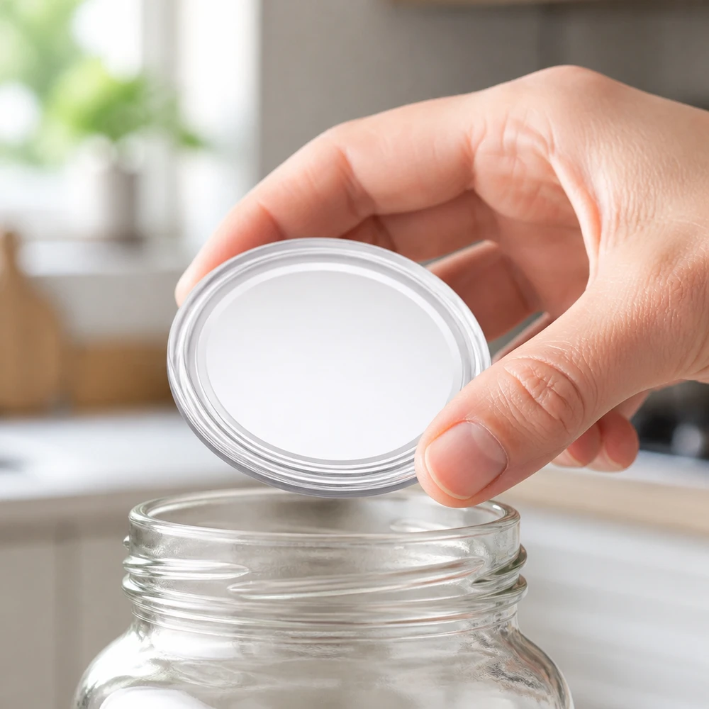 Couvercle BasicSeal blanc de 63 mm (TO63) UNiTWIST Couvercle blanc TO63 de 63 mm posé à la main sur un bocal de conservation UNiTWIST BasicSeal, ensemble de cuisine