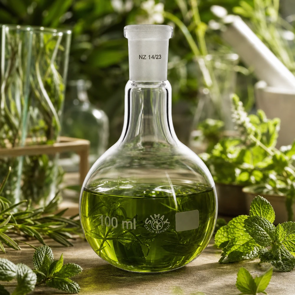 Ballon à fond plat 100 ml à col étroit, en verre borosilicate avec rodage normalisé 14/23 Fiole de laboratoire 100ml transparente avec contenu vert pour les analyses phytochimiques