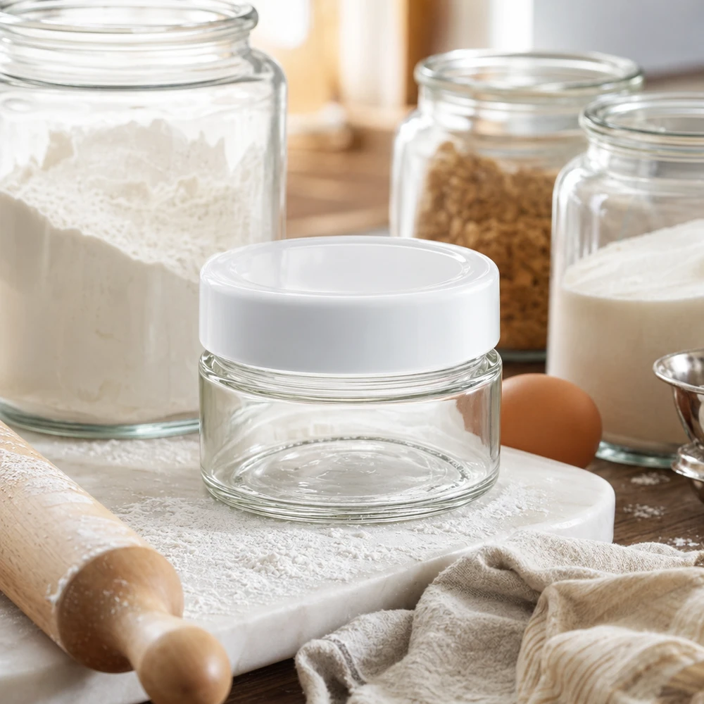 Bocal rond de 80ml avec couvercle BasicSeal dans la cuisine avec des ingrédients de boulangerie - conteneur en verre polyvalent pour aliments