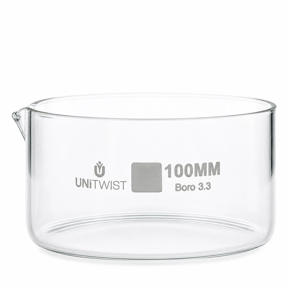 Cristallisoir ø100mm verre borosilicaté UNiTWIST Coupelle plate en verre de 100 mm de diamètre, en verre borosilicaté 3.3 de haute qualité, destinée aux laboratoires et à la cristallisation