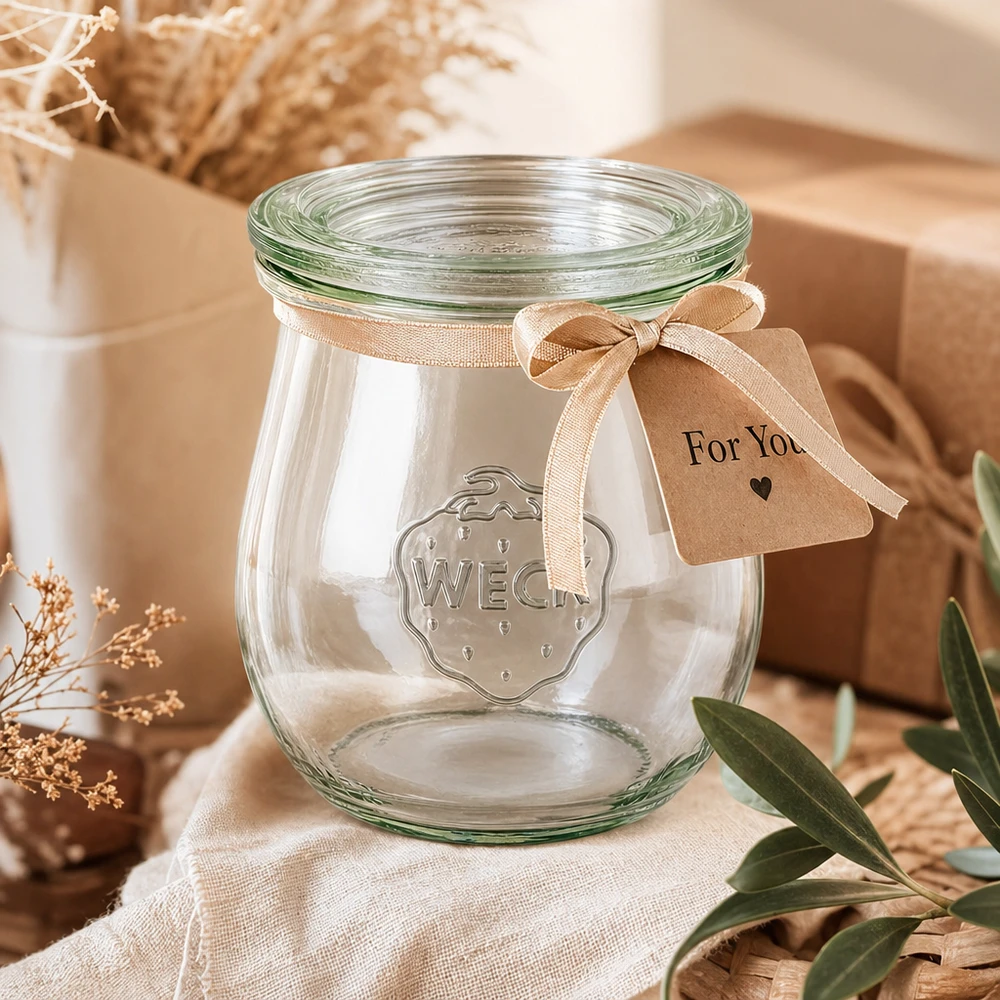 WECK Pot tulipe 220ml RR60 comme cadeau décoré avec un ruban beige et un pendentif For You dans une ambiance naturelle