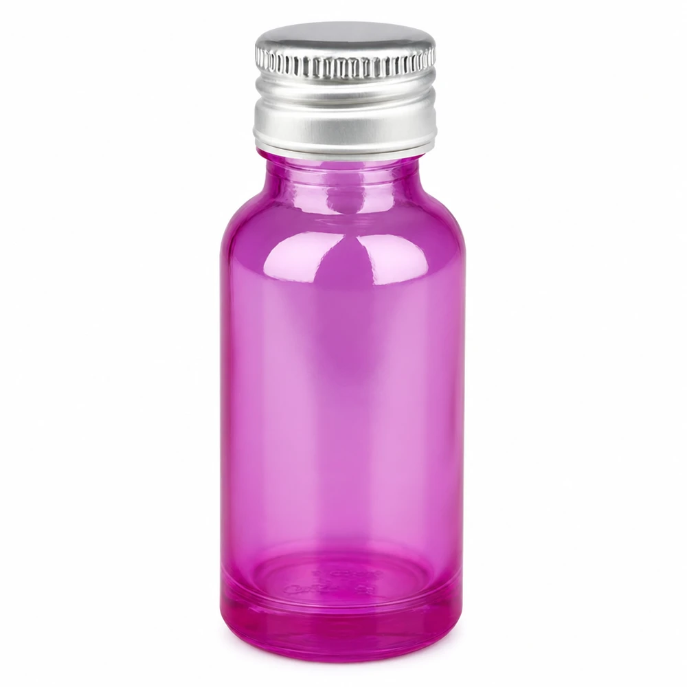 Flacon 20ml bouchon à vis 11mm alu-argent standard PurpleLine.UT18/20 Flacon compact de 20ml en violet transparent avec bouchon métallique pour les petites portions