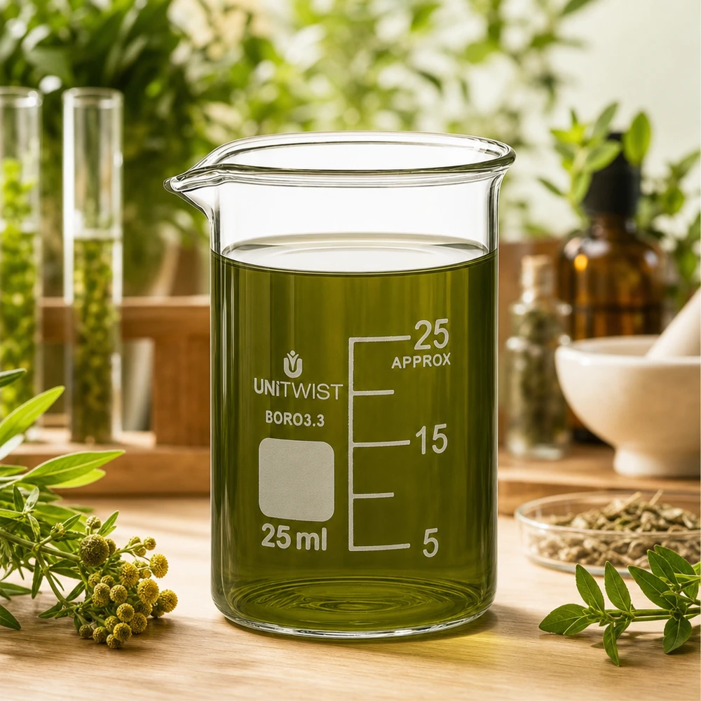 Bécher 25ml borosilicate, forme basse UNiTWIST Verre à bec UNiTWIST, forme basse, 25 ml, pour l'extraction d'herbes, avec échelle graduée visible jusqu'à 25 ml