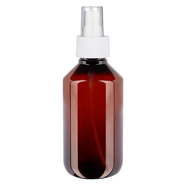 Flacon médical de 200 ml en PET, avec spray blanc GCMI 28/410 et capuchon transparent standard Flacon médical de 200 ml en PET, avec spray blanc GCMI 28/410 et capuchon transparent standard