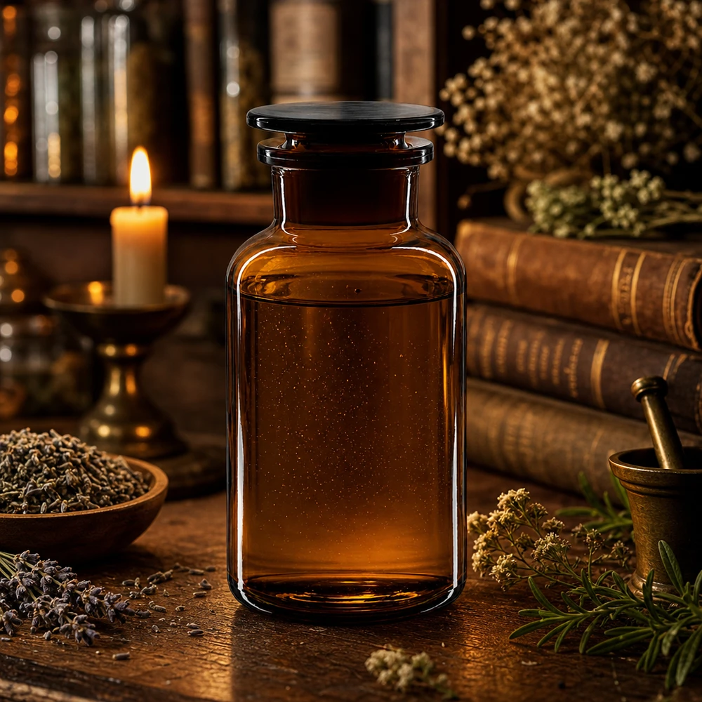 Flacon pharmaceutique 500 ml col large + bouchon verre ambré Bouteille à col large de 500 ml, à épaulement arrondi, avec bouchon en verre marron, pour herbes médicinales et produits naturels