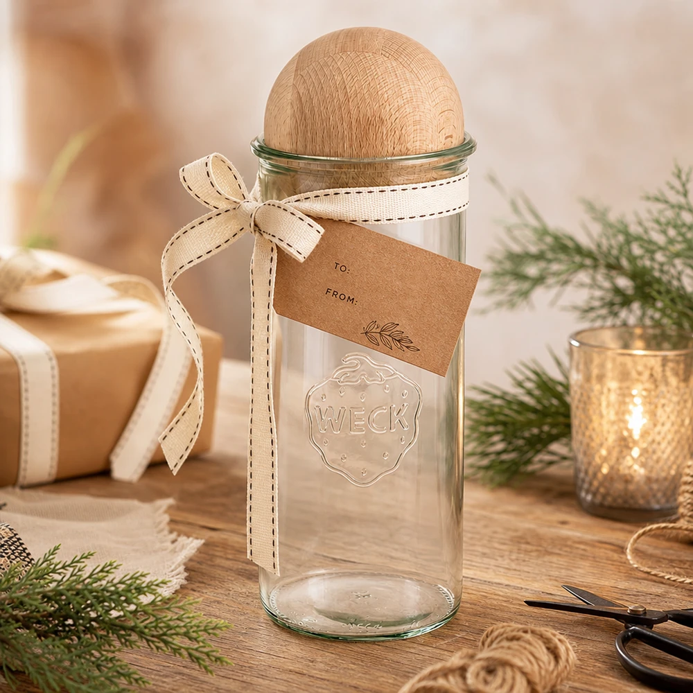 WECK Verre renversé 1500ml RR100 comme emballage cadeau avec boule en bois décorée de hêtre, ruban cadeau et pendentif