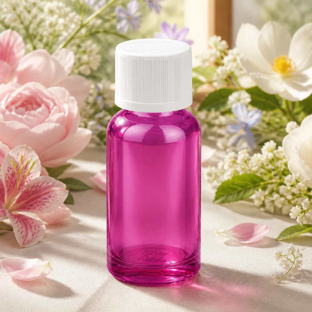 Flacon 20ml bouchon à vis 11mm blanc standard sécurité enfant PurpleLine UT18/20 Bouteille en verre violette maniable de 20 ml avec filetage standard pour des produits de remplissage polyvalents