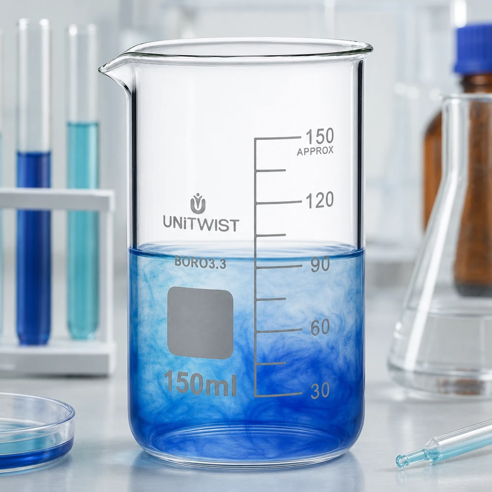 Bécher 150ml borosilicate, forme haute UNITWIST Bécher haut de 150 ml UNITWIST BORO 3.3, en verre résistant à la chaleur, destiné aux applications chimiques