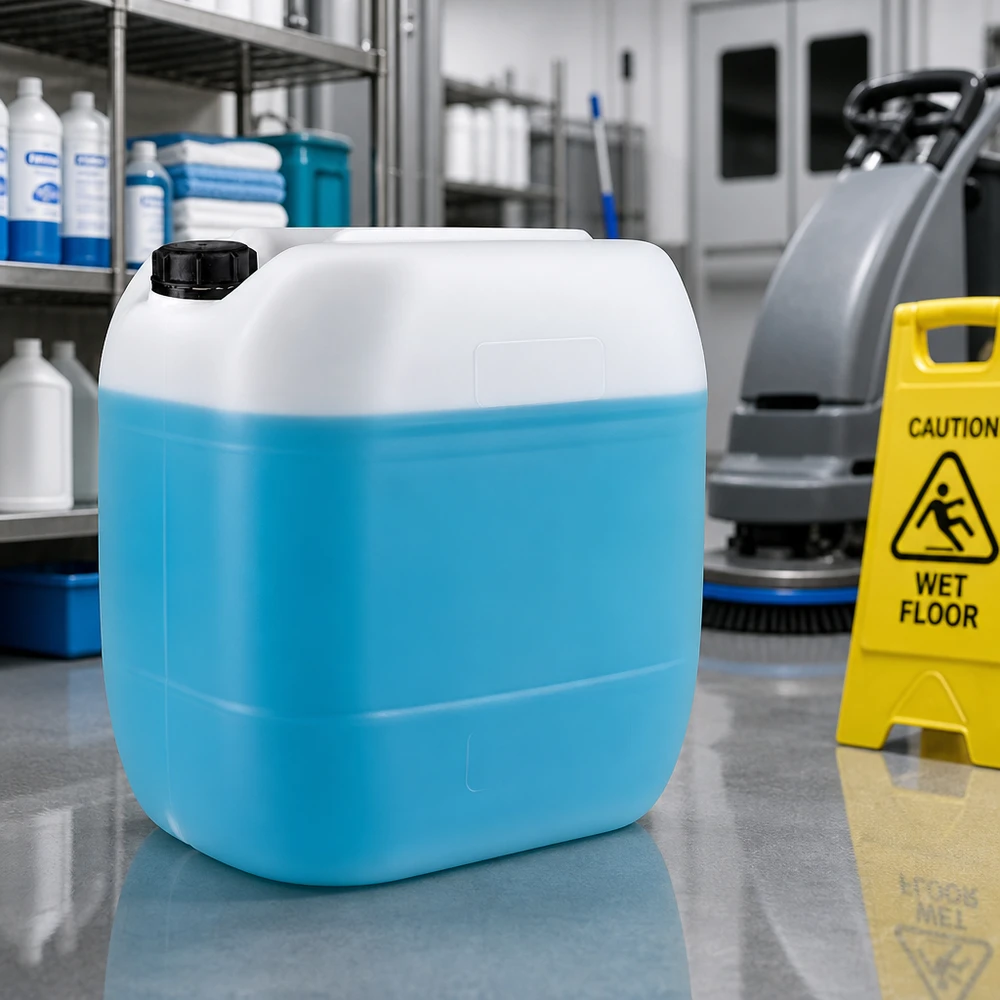Bidon en plastique de 30 litres à moitié rempli d'un liquide bleu clair, muni d'un bouchon OV noir