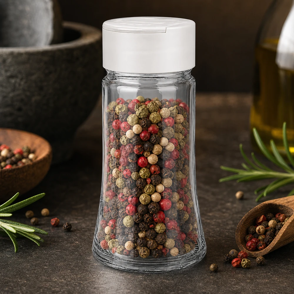 Pot à sel/épices 95 ml avec double saupoudreuse, blanc Mélange de grains de poivre multicolores dans un bocal à épices transparent de 95 ml avec un couvercle à double saupoudreuse blanc