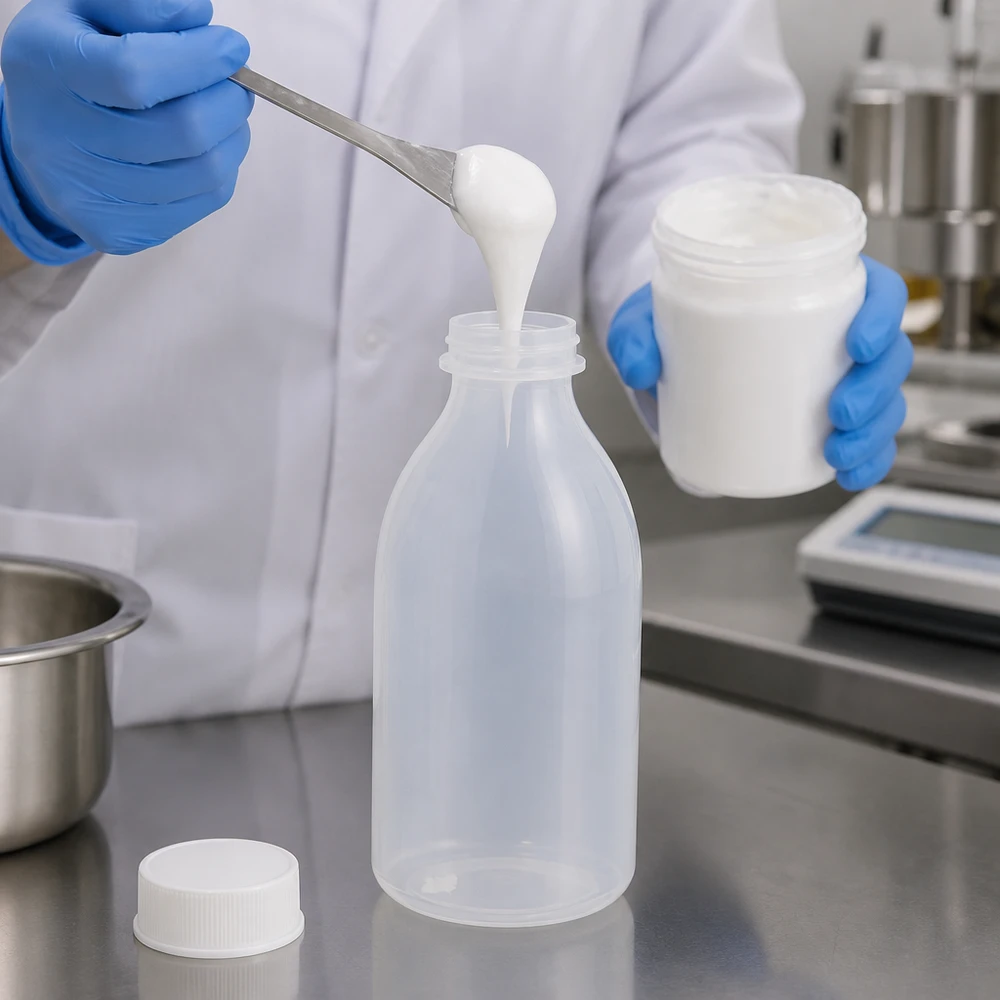 Prélèvement d'un échantillon de pâte onctueuse dans un flacon de laboratoire transparent à col étroit de 250 ml muni d'un bouchon à vis