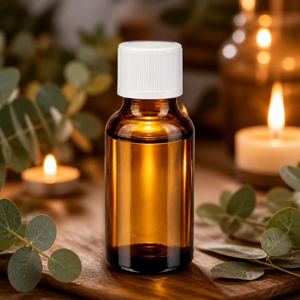 Flacon compte-gouttes marron de 20 ml avec bouchon de sécurité pour enfants blanc, entouré de plantes médicinales naturelles