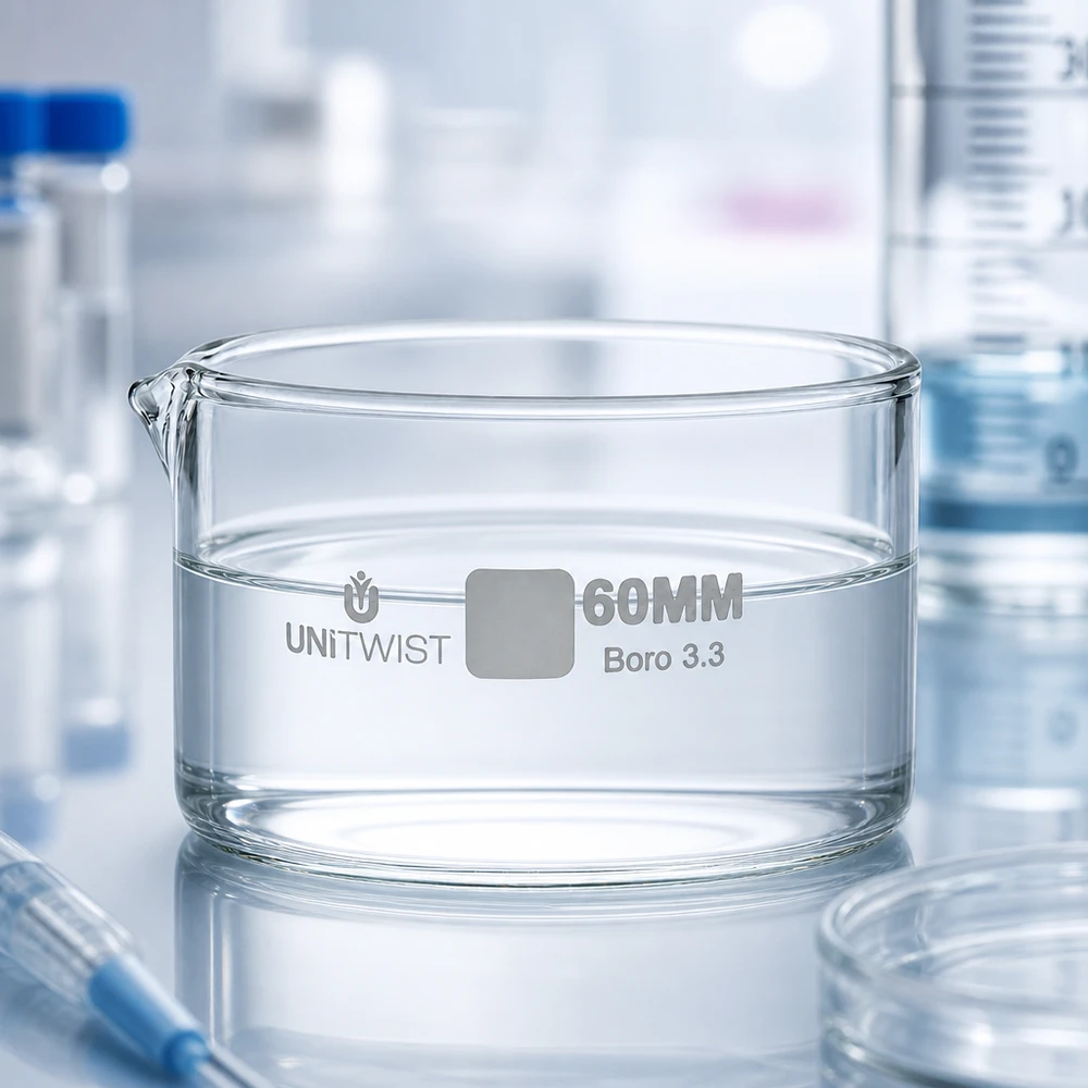 Cristallisoir ø60mm verre borosilicaté UNiTWIST Coupelle d'évaporation cylindrique Boro 3.3 UNiTWIST 60 mm avec bec verseur, utilisée dans un laboratoire professionnel