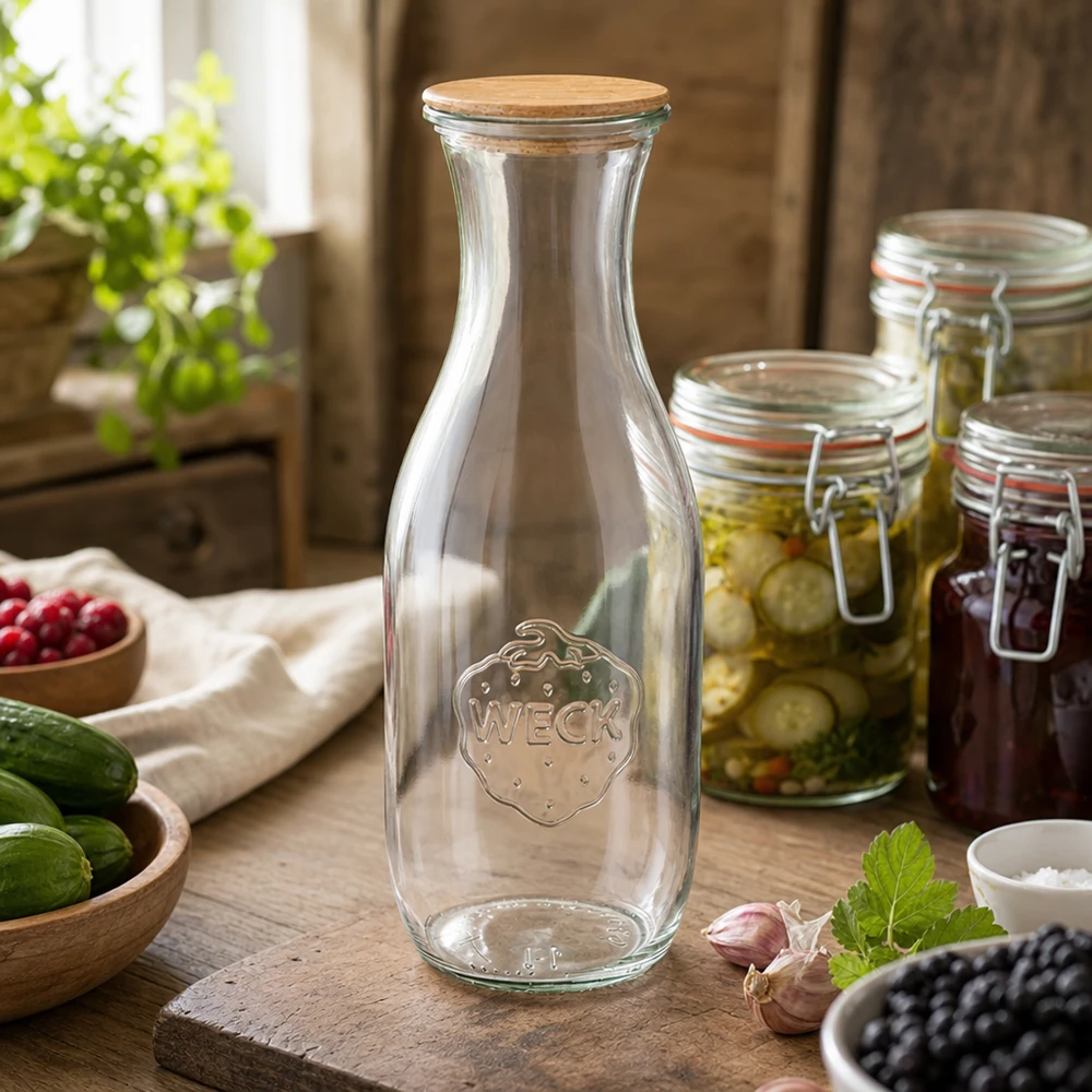 WECK Bouteille de jus de 1062ml avec couvercle en bois dans une cuisine rustique avec des bocaux de légumes et une décoration naturelle