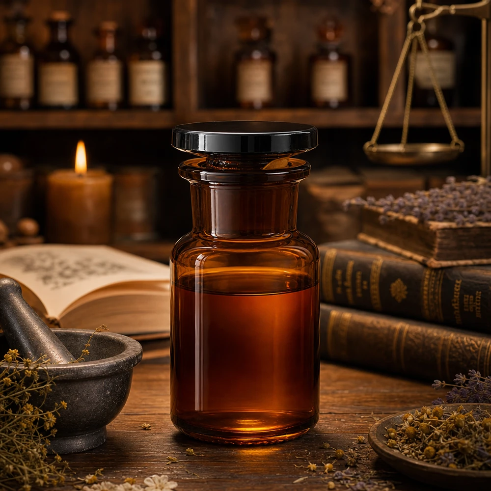 Flacon pharmaceutique 50 ml col large + bouchon verre ambré Flacon de pharmacie vintage de 50 ml, à col large, de couleur marron, idéal pour les huiles essentielles et la médecine naturelle