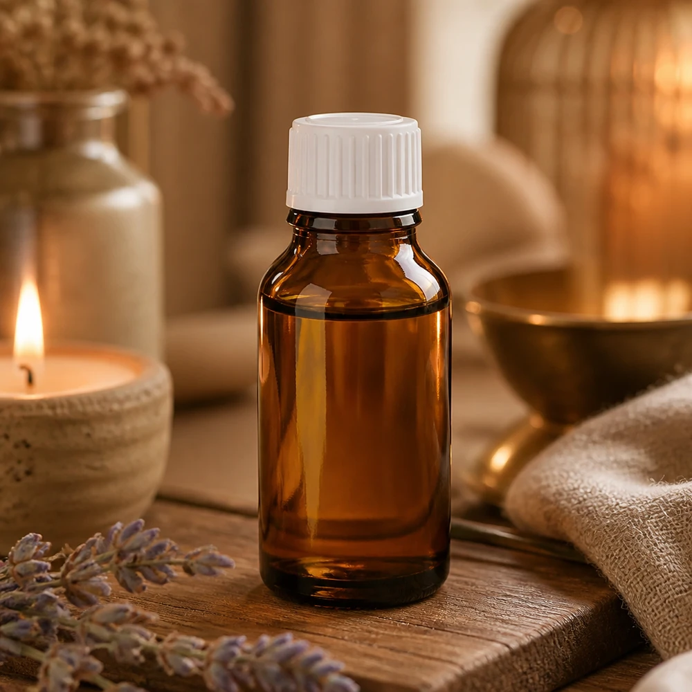 Flacon en verre brun opaque de 30 ml pour l'aromathérapie, avec une bougie et un récipient en laiton