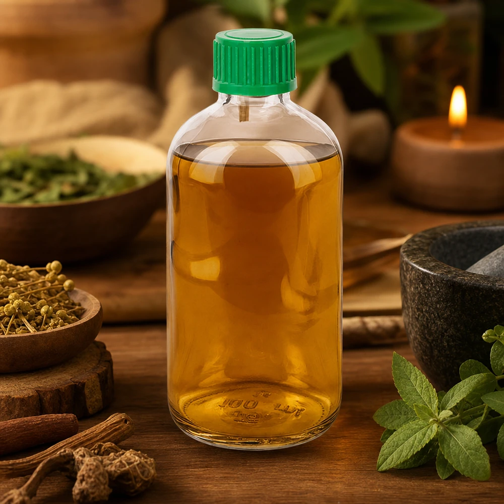 100ml Fl. goutte 0.8mm vert STD ClearLine UT18/100 Petite bouteille en verre de 100 ml contenant de l'huile dorée, avec un bouchon vert et un mortier en bois en arrière-plan