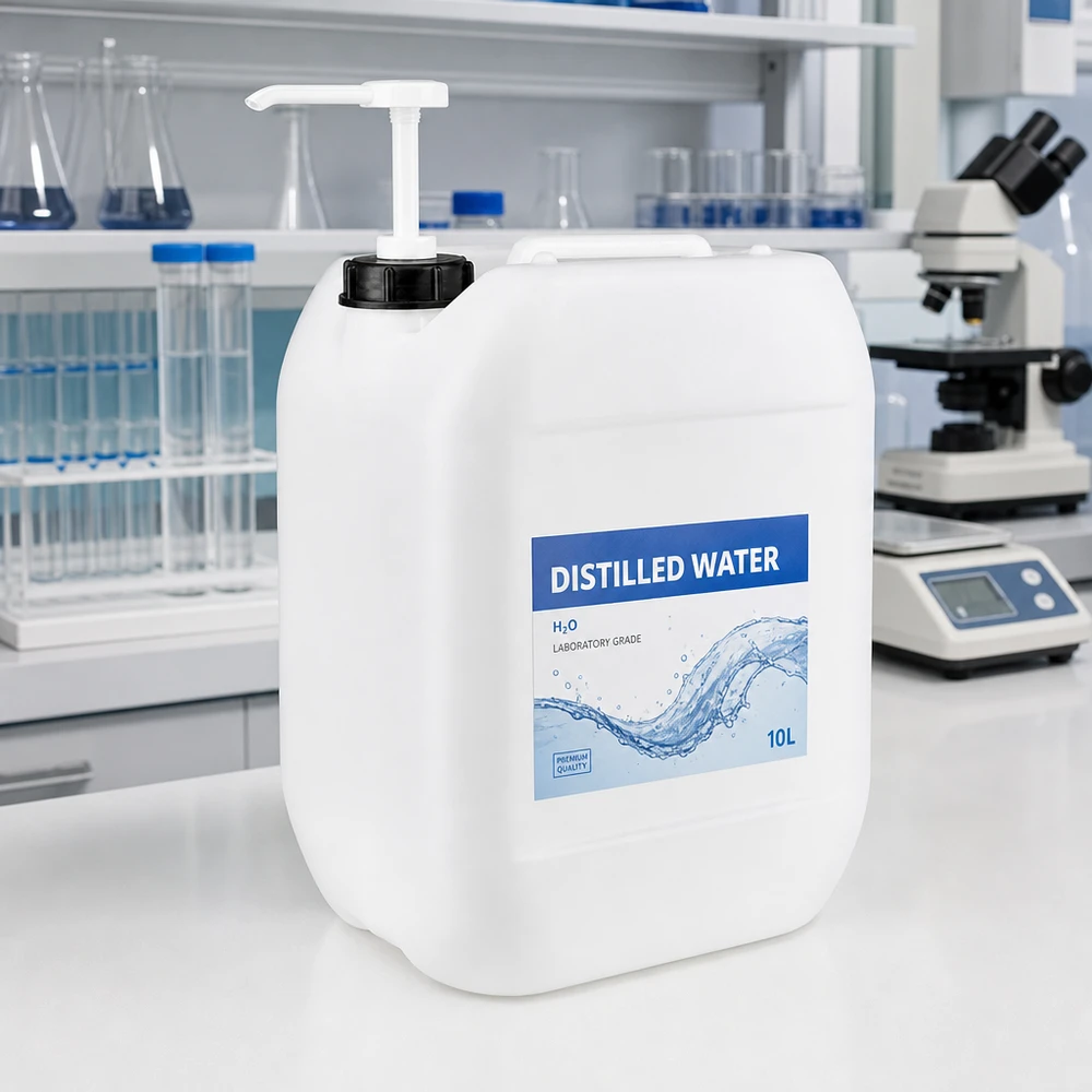 Grand bidon blanc de 10 L avec pompe doseuse et bouchon à vis noir pour liquides de laboratoire