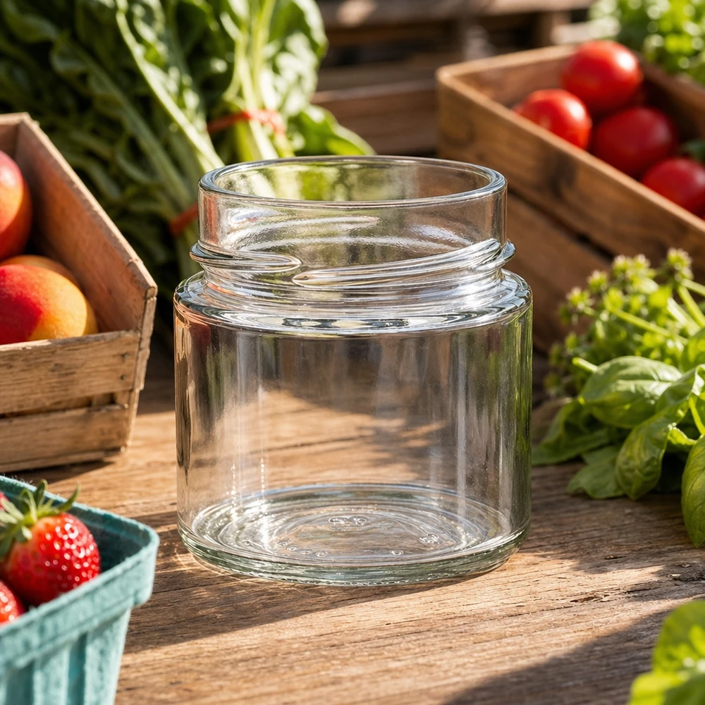 135ml Verre rond sans couvercle (TO58deep) UNiTWIST UNiTWIST Runda135 Pot rond 135ml TO58deep Pot de conservation sur table en bois avec fruits et légumes frais
