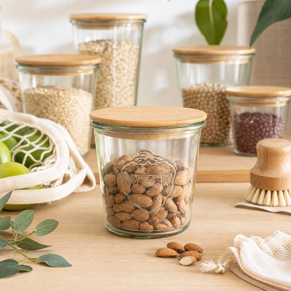 580ml bocal conique WECK RR100 avec couvercle en bois WECK Pot renversé 580ml avec couvercle en bois comme bocal de conservation pour les noix dans une organisation de cuisine durable
