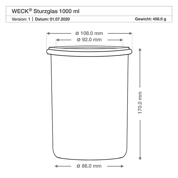 1000ml bocal conique WECK RR100 avec boule en bois en hêtre Dessin technique WECK verre renversé 1000ml RR100 avec dimensions, diamètre 108mm, hauteur 170mm, poids 456g