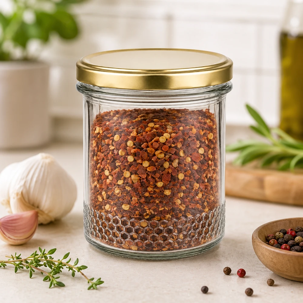 Pot à miel de 400ml avec couvercle BasicSeal or UNiTWIST comme pot à épices pour flocons de piment dans Ambiance Cuisine