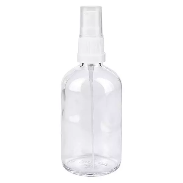 Flacon de pharmacie clair 100ml embout spray blanc Flacon de pharmacie clair 100ml embout spray blanc