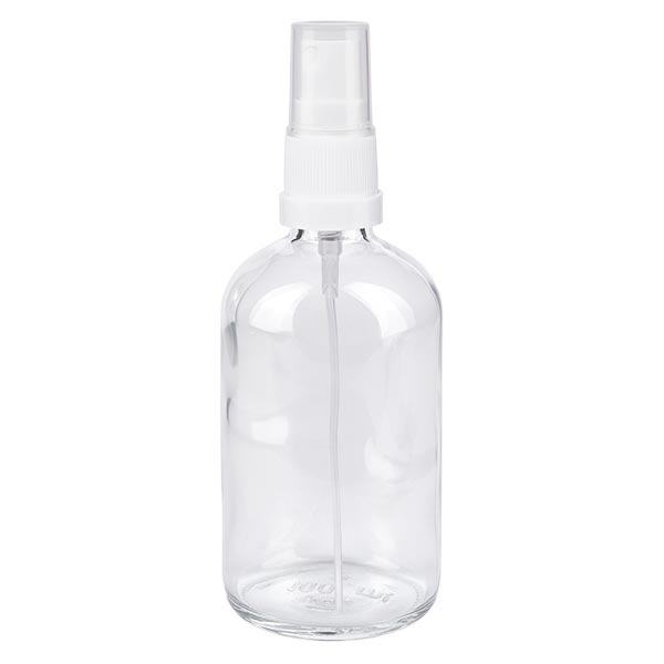 Flacon de pharmacie clair 100ml embout spray blanc Flacon de pharmacie clair 100ml embout spray blanc