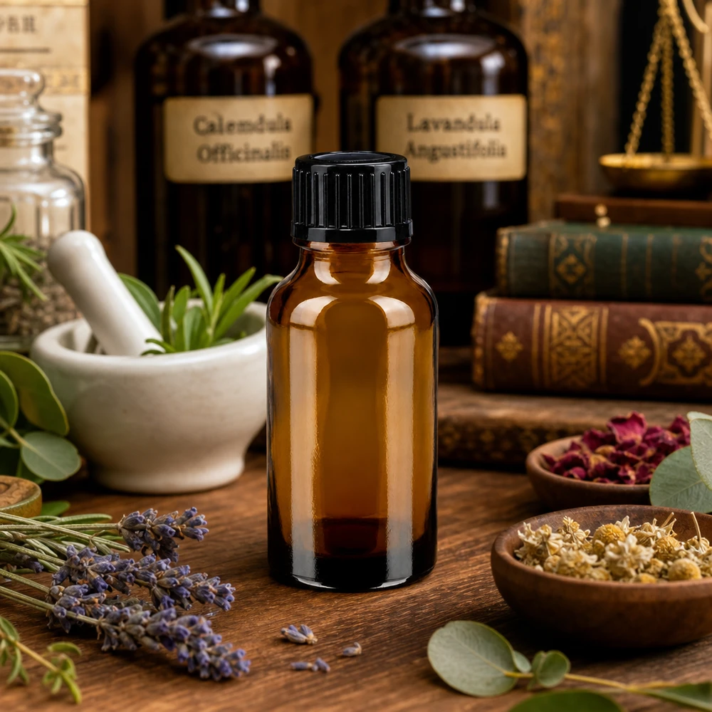 Flacon à pharmacie marron 20ml bouchon vissable noir standard Flacon de pharmacie de 20 ml en verre ambré avec bouchon standard de 11 mm, posé sur une table rustique en bois avec des herbes aromatiques