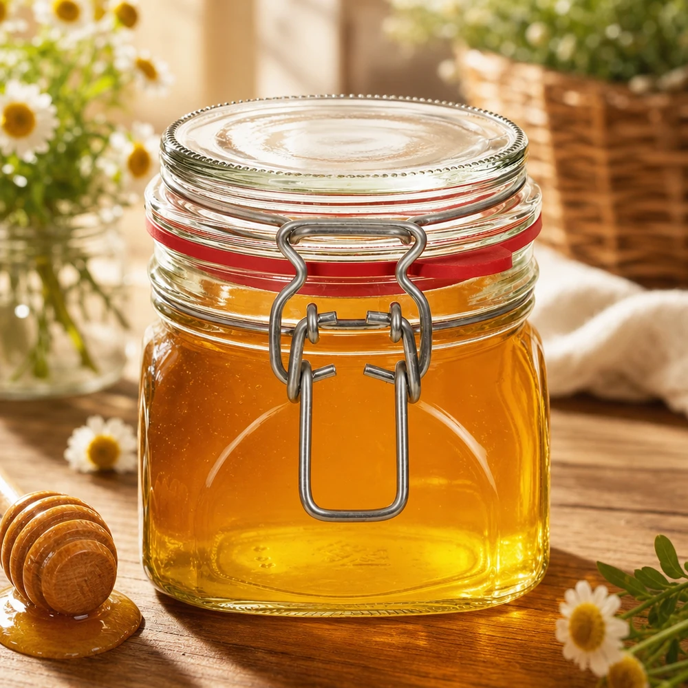 Bocal de conservation de 370 ml, type G, avec bouchon à clip UN.. Pot de conservation de 370 ml rempli de miel avec fermeture à étrier solide pour édulcorants naturels
