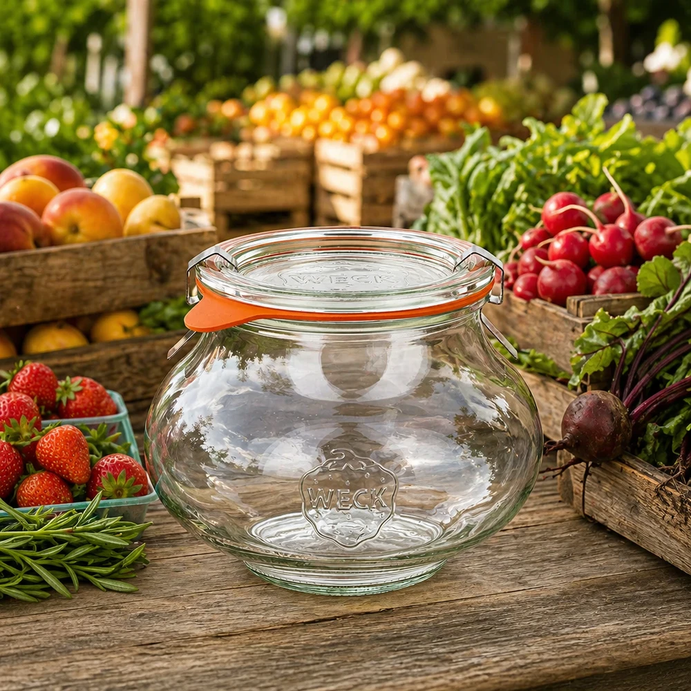 WECK Pot à bijoux 560ml RR80 sur table en bois parmi des fruits et légumes frais, scène de marché naturelle avec pot de conserve