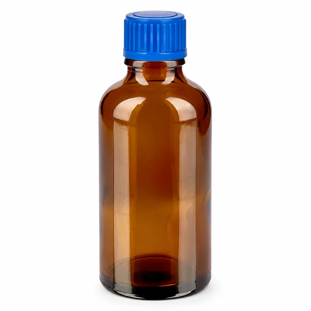 Flacon de 50ml 11mm SV bleu STD BrownLine UT18/50 Bouteille compacte de 50 ml en verre brun foncé, idéale pour les huiles essentielles et les teintures.