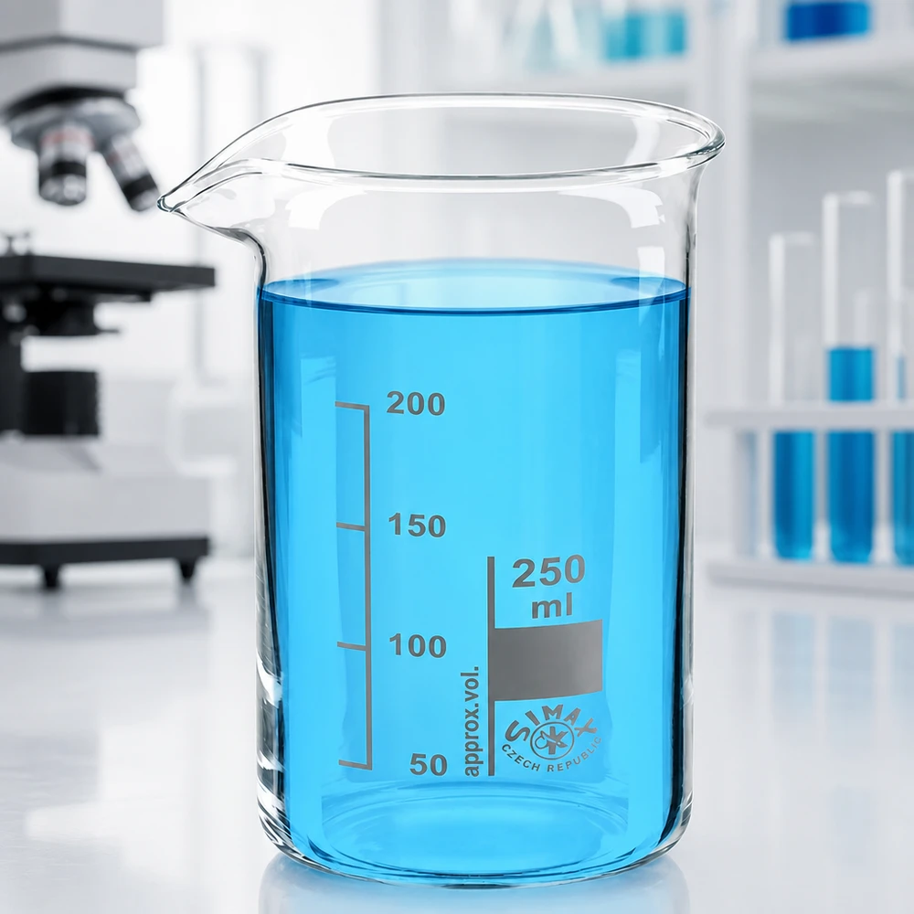 Bécher 250ml en verre borosilicate résistant à la chaleur (forme haute) Bécher transparent de grande hauteur, 250 ml, dans un laboratoire, à côté d'un microscope et de tubes à essai