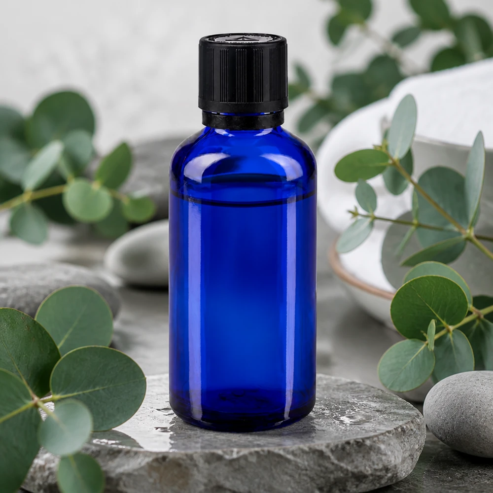 Flacon compte-gouttes de 50 ml en verre d'apothicaire bleu cobalt avec un insert de 1 mm, destiné à un environnement de bien-être