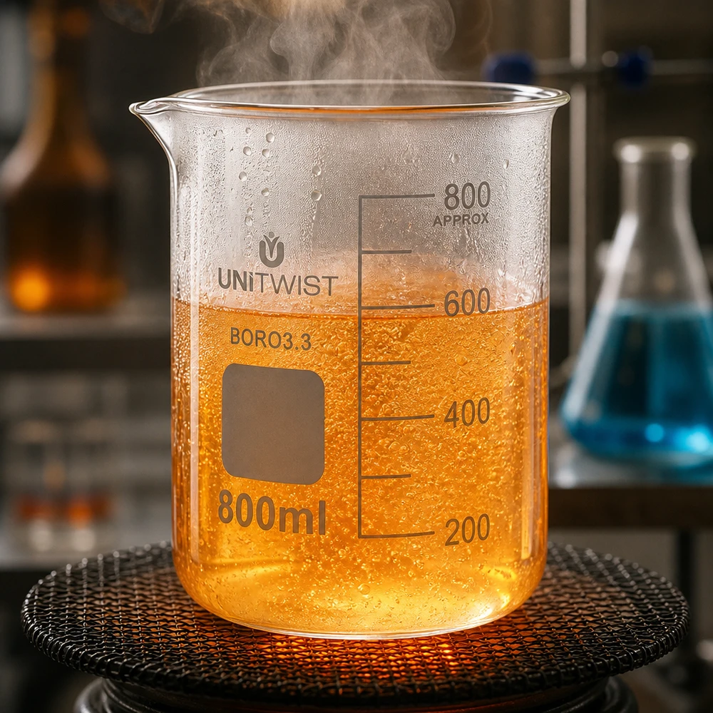 Verre à bec UNiTWIST, forme basse, 800 ml, en borosilicate, sur plaque chauffante avec dégagement de vapeur