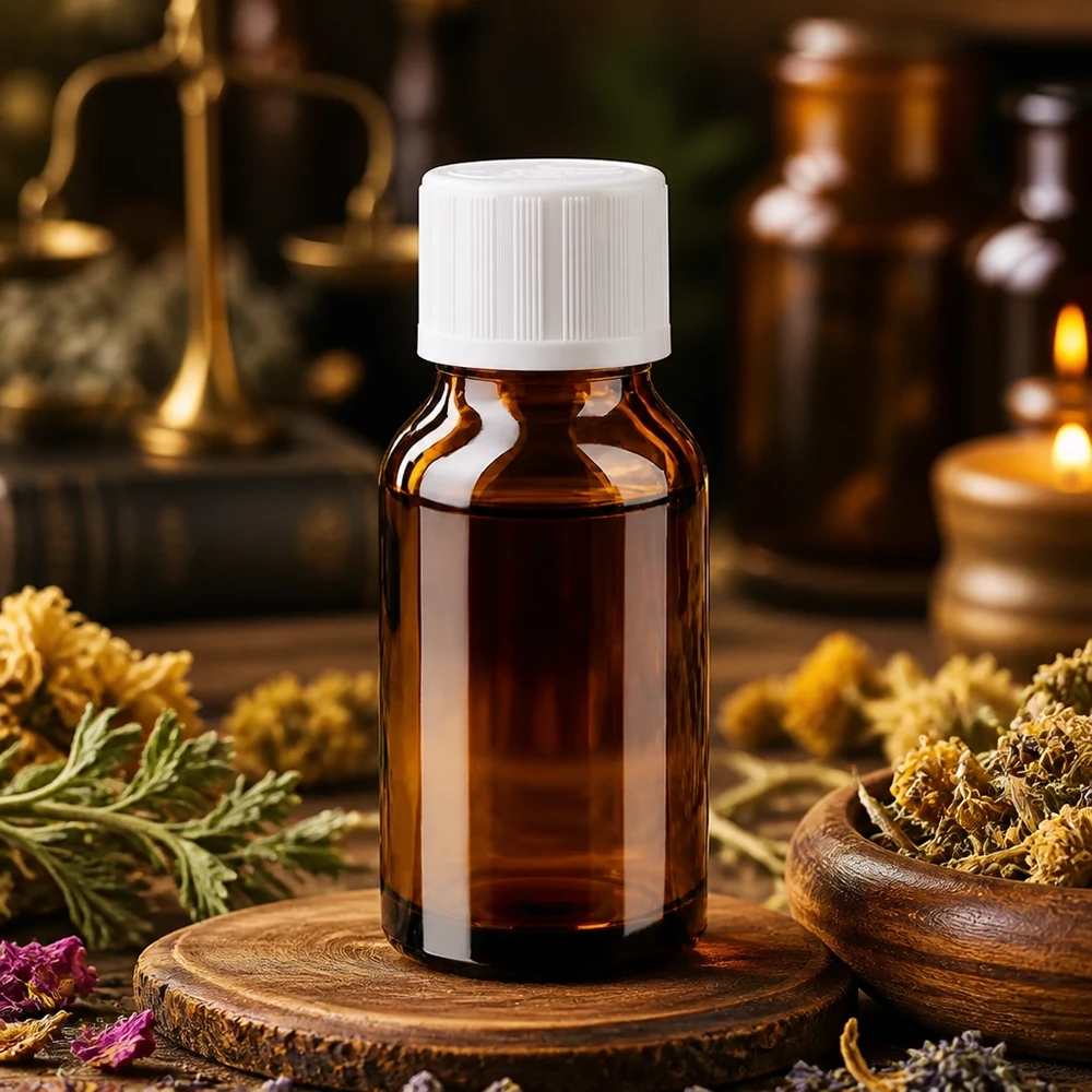 Flacon en verre brun 15ml avec bouchon à vis blanc sécurité enfant St Flacon de médicaments en verre brun de 15 ml, muni d'un bouchon à vis blanc sécurisé, parmi des plantes médicinales