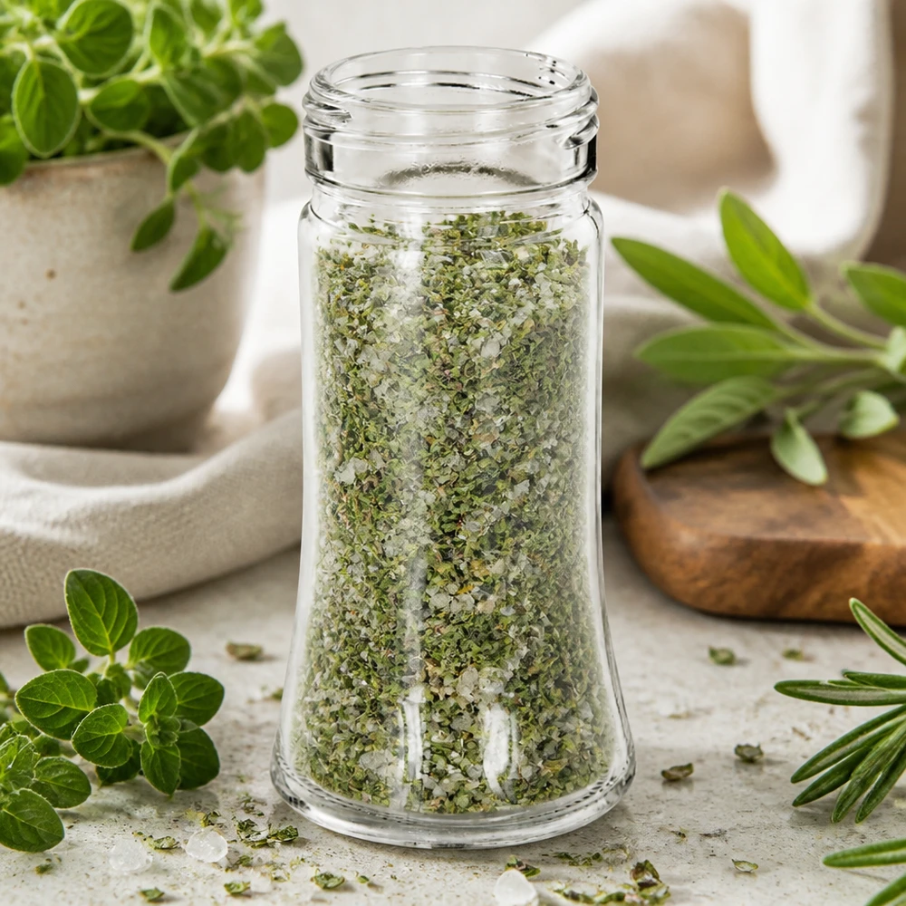 Pot à épices de forme trapézoïdale 95 ml avec filetage 41 mm, en verre clair sans couvercle Bocal cylindrique en verre transparent « Bobby » de 41 mm, fileté, contenant du sel aux herbes sur fond clair