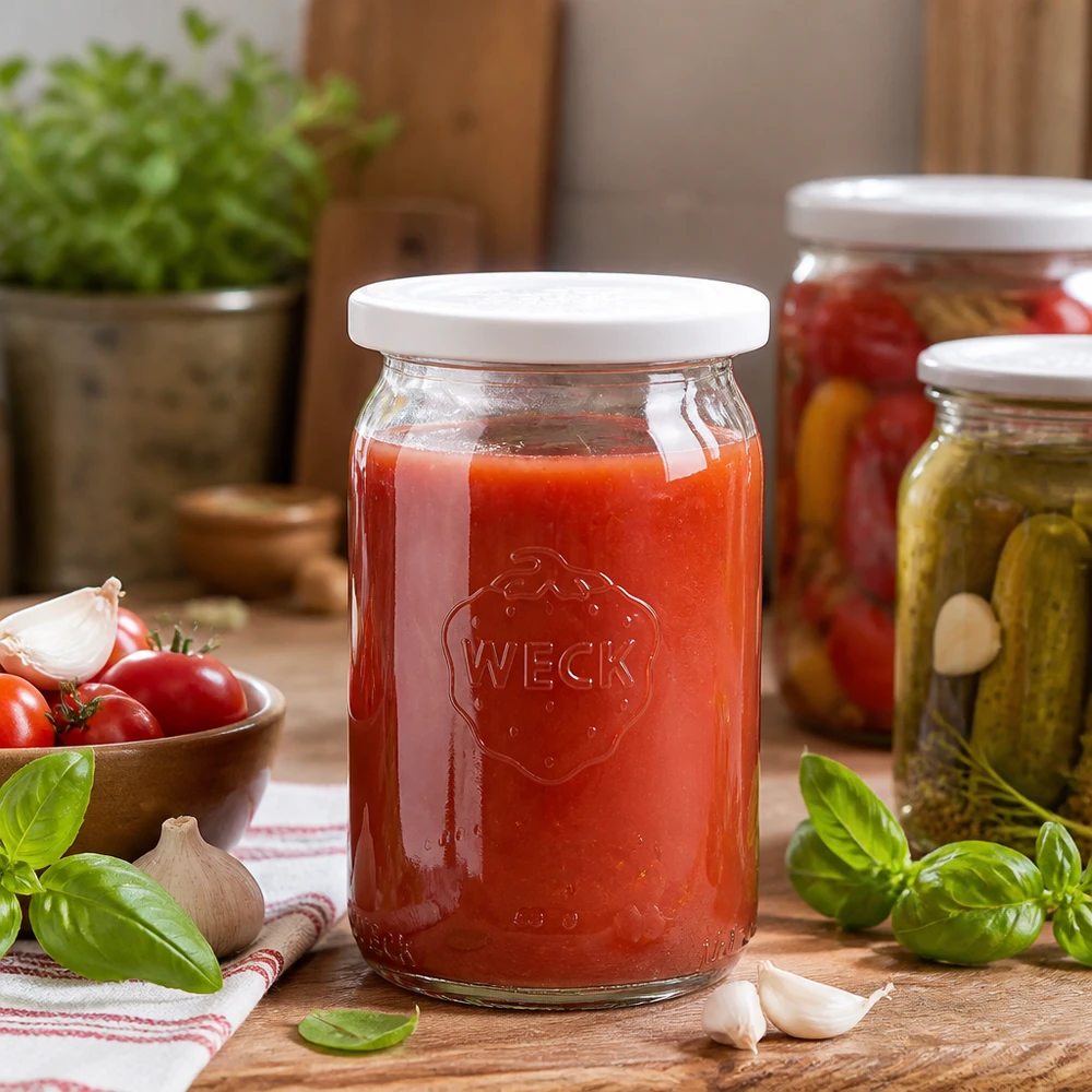 145ml bocal cylindrique avec couvercle fraîcheur WECK RR40 WECK RR40 Pot de conserve 145ml rempli de sauce tomate rouge dans une cuisine rustique avec des herbes et des légumes frais