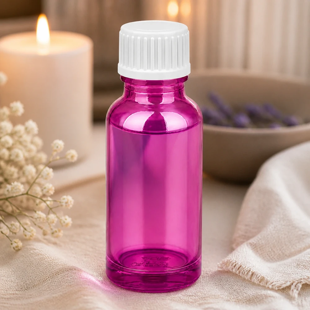 Flacon compte-gouttes 20ml 0.9mm blanc standard PurpleLine. UT18/20 Flacon compte-gouttes 20ml finition brillante pourpre avec bouchon ergonomique blanc à visser UT18/20