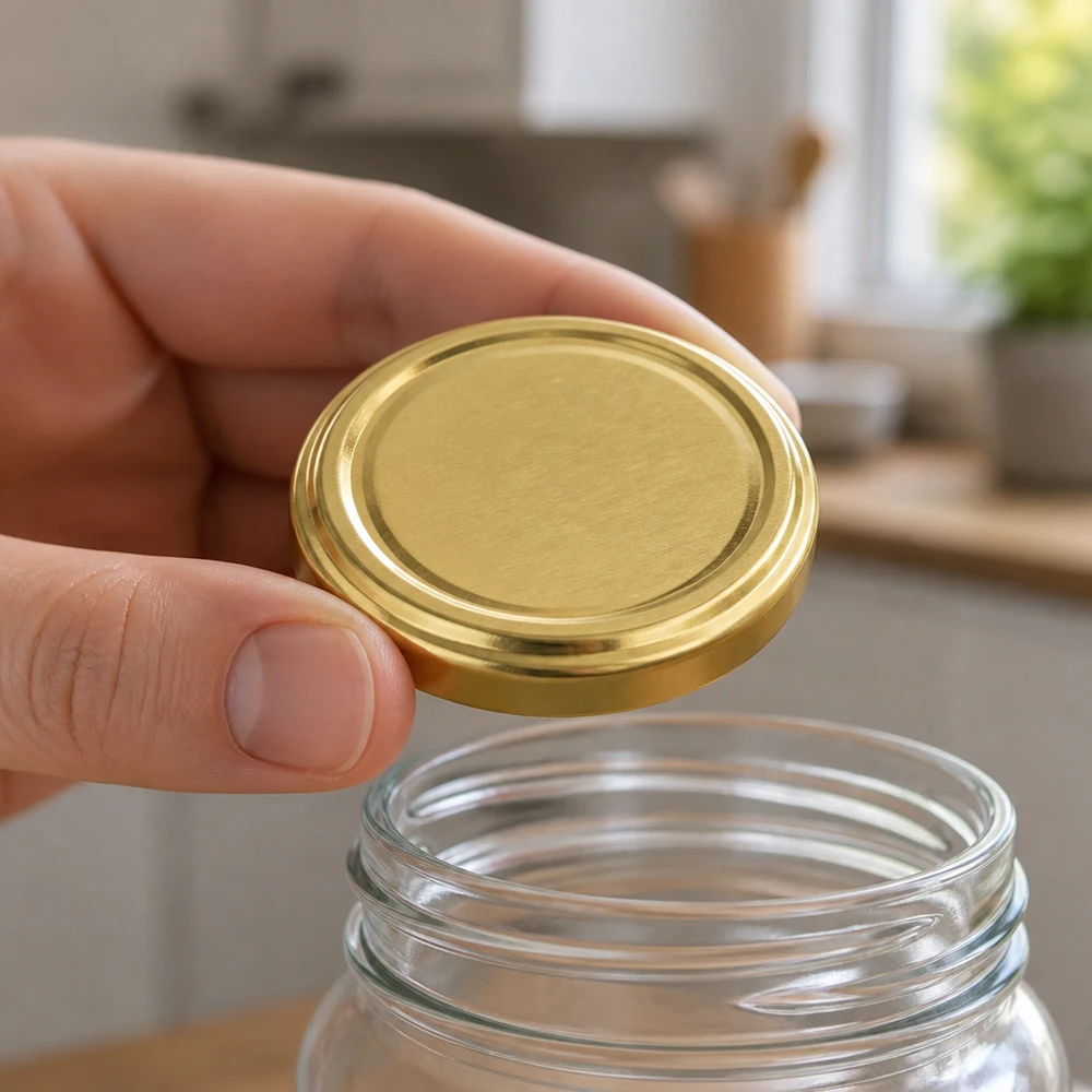 Le bocal est fermé à l'aide d'un couvercle à vis BasicSeal TO70 doré de 70 mm avec système UNiTWIST