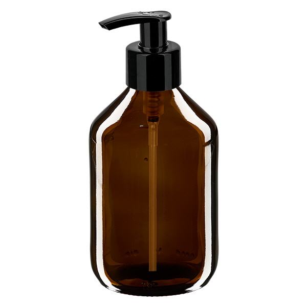 Flacon médical de 300ml brun, avec pompe distributrice noire ApoGl