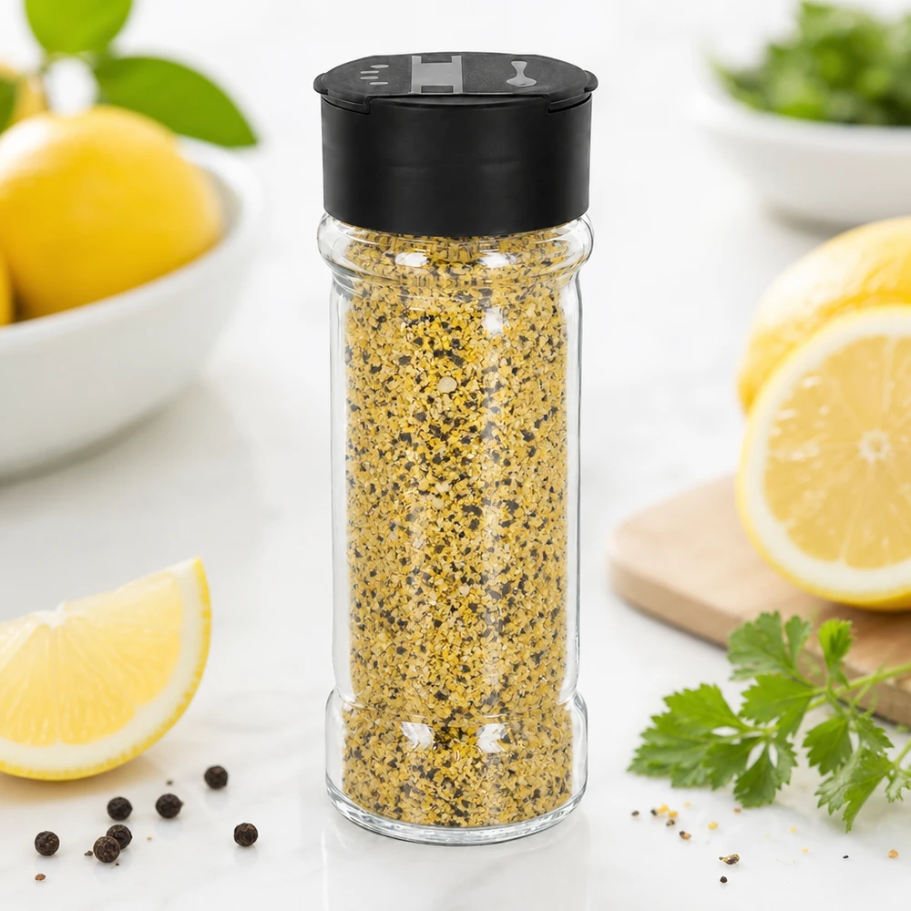 Pot à sel/épices 100 ml avec double saupoudreuse, noir Pot en verre rempli de sel de 100 ml, contenant un mélange d'épices « citron-poivre » jaune et muni d'un saupoudreur noir
