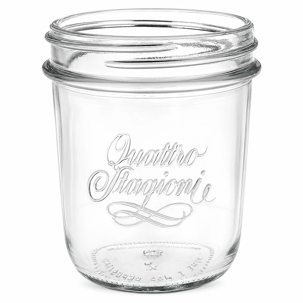 320ml Verre à pied 'Quattro Stagioni' QS86mm Pot vide Quattro Stagioni de 320 ml avec filetage QS86mm et inscription élégante pour la mise en bocaux et les conserves