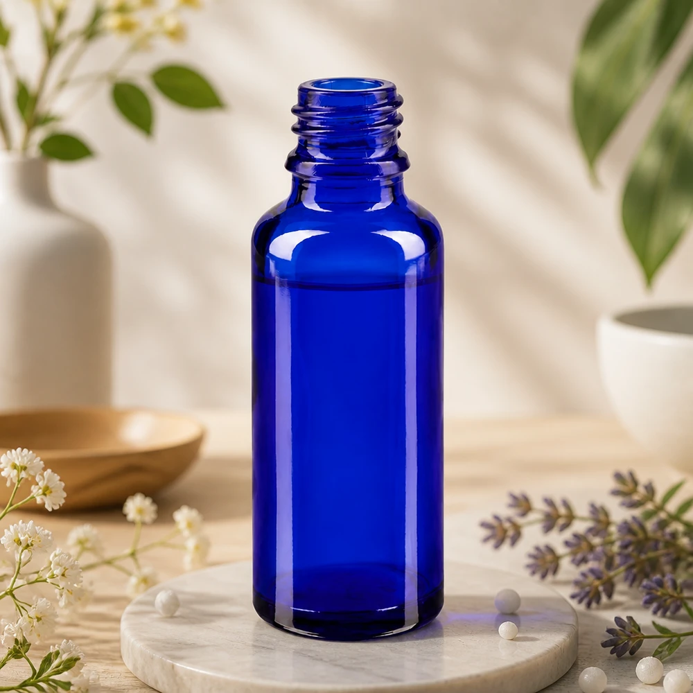 Flacon de pharmacie bleu cobalt de 30 ml « ApoGlas » protégeant les huiles et teintures sensibles à la lumière