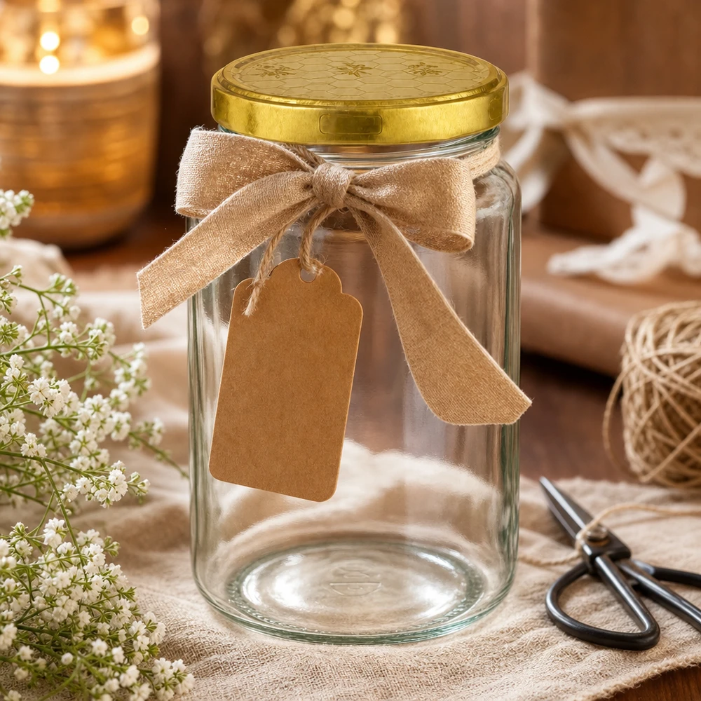795ml Verre rond avec couvercle BasicSeal nid d'abeilles UNiTWIST Verre rond de 795 ml avec couvercle doré en nid d'abeille comme emballage cadeau décoré d'un ruban et d'un pendentif